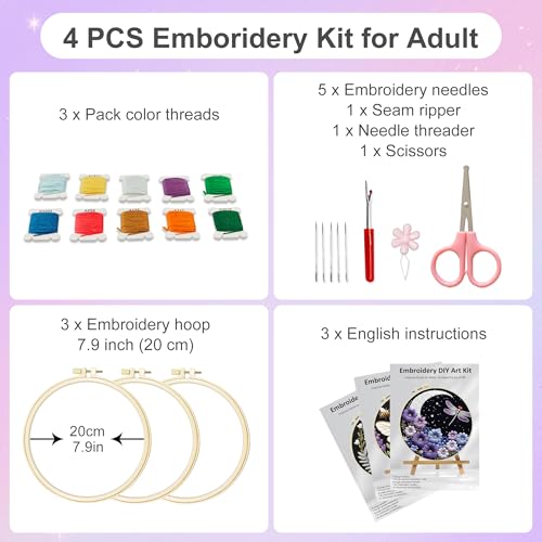 Huacan Embroidery Kit for Adults Beginners with 3 Hoops & Gift Box - color: Insects