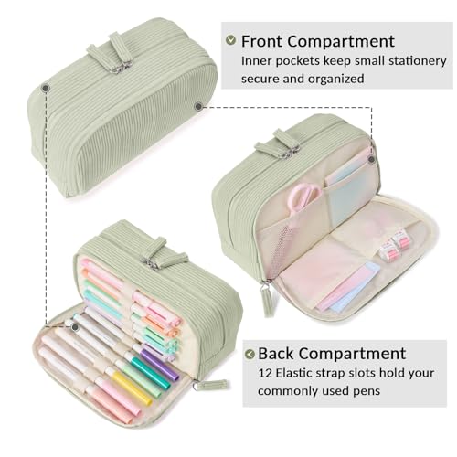 Sooez Big Capacity Pencil Case Pen Pouch, Soft Corduroy Pencil Bag - color: Green