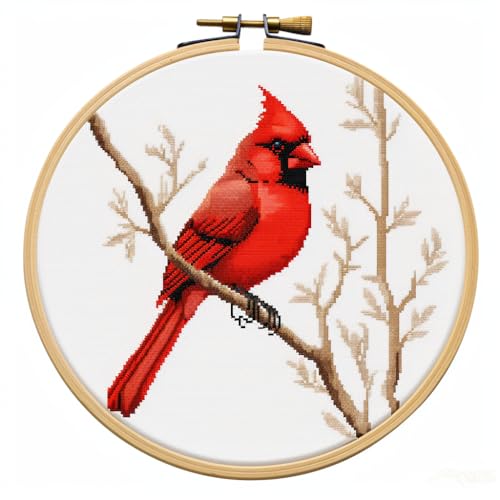 Cartoon Simple Red Cardinal on Branch DIY Stamped Cross Stitch Kits Easy for Beginners and Children with Hoop 11CT Needlepoint Counted Embroidery Kits Art Craft Wall Decoration 12x12inch(2)