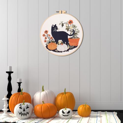 IUHUI Embroidery Kit for Beginners Adults - Black Cat and Pumpkin Themed Halloween Easy Patterns, DIY Hand Stitching Embroidery Set with Hoop (Black Cat Pumpkin Flower) - color: Black Cat Pumpkin Flower