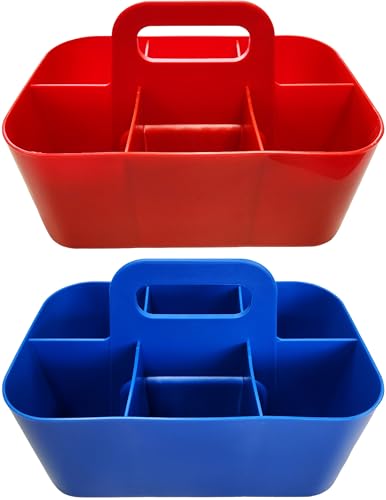 2 Pack Small 6 Compartment Multiuse Caddy Organizer with Handle Art Craft Supplies, Office, Desk, Stationery Pen Holder Stackable- Made In USA (Red/Blue) - color: Red / Blue