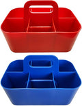 2 Pack Small 6 Compartment Multiuse Caddy Organizer with Handle Art Craft Supplies, Office, Desk, Stationery Pen Holder Stackable- Made In USA (Red/Blue) - color: Red / Blue