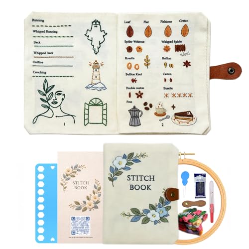 Roofo Embroidery Stitch Book Kit for Beginners, DIY Hand Sewing Embroidery Book 8×6" Starter Set for Adults Cross Stitch Kits with Colors Threads and Tools&Video Tutorials