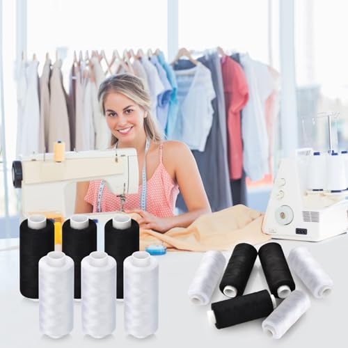 6 Pcs Sewing Thread Kit, 400 Yards Each Spool 402 Polyester Thread with Sewing Needle & Threader, Sewing Threads for Sewing Machine, Hand Stitching, Embroidery - color: 3black+3white