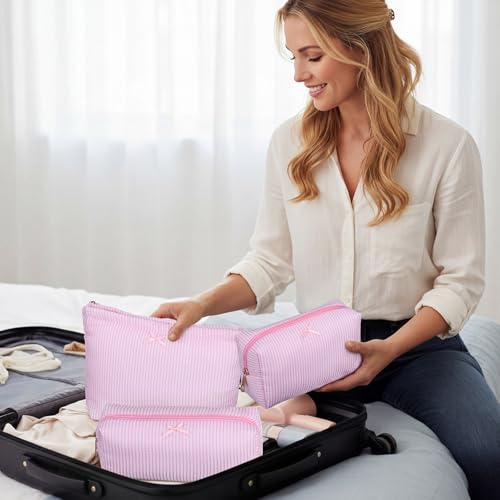 Sanwuta 3 Pcs Seersucker Pouch Cosmetic Bag Set,Light Pink - color: Light Pink
