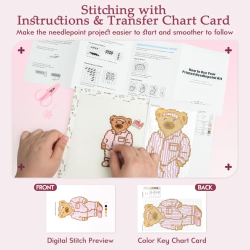 Kaitiaki 18 mesh Needlepoint Canvas Kit, 8 in Painted Canvas Set with Embroidery Floss, Needles, Guide Card, Instruction, Threader, Scissors & Project Bag for Crafter Gift(Pajama Bear) - color: Pajama Bear, size: 18 mesh