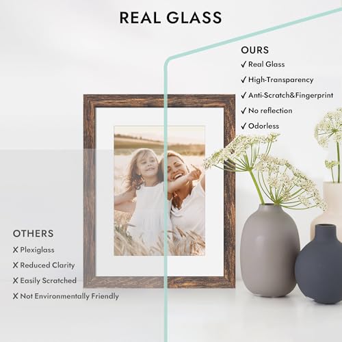 Hongkee 5x5 Picture Frame with Real Glass Wood Frame, 1 Pack (with Mat 4x4) - color: Rustic Brown, size: 5X5 in