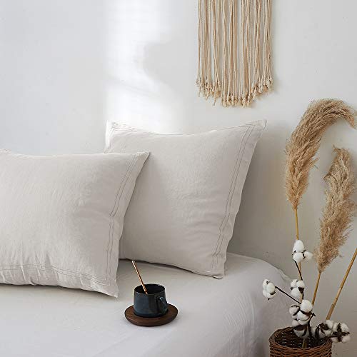 Simple&Opulence 100% French Linen Euro Shams with Embroidery (26'' x 26'') - Pack of 2 - Pre Washed Solid Color Natural Flax Soft Breathable - Linen - color: Linen, size: Euro Shams