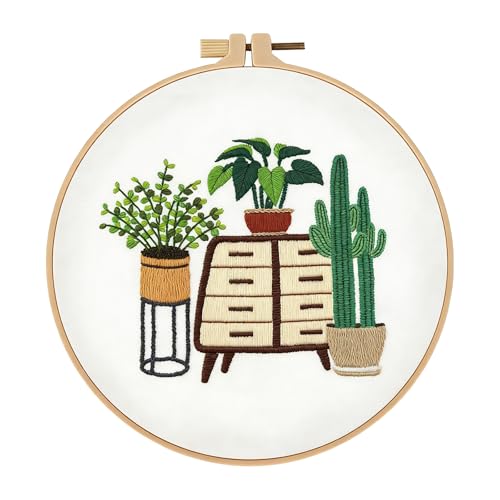 spicssa 2026 New Embroidery Set, Embroidery Kit for Beginners, Hand Needlepoint Kits for Adults with Pre-Stamped Patterns, 7.8-Inch Hoop, Threads & Needles, Step by Step Instructions - color: green plants C