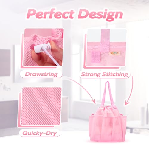 famichan Mesh Shower Caddy Portable with Drawstring, Dorm Room Essentials for College Students Girls, Large Shower Bag for Camping,Swimming,Gym,Travel,Bathroom - Pink - color: PINK