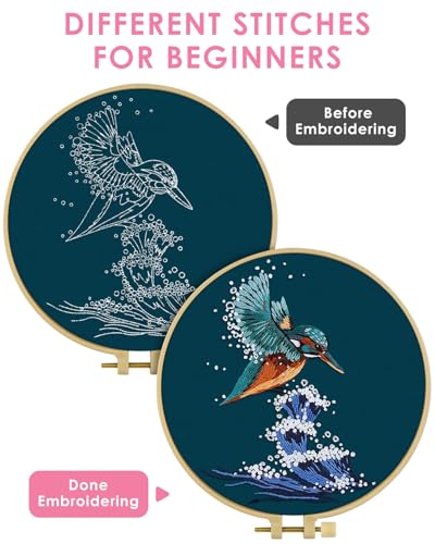 TINDTOP Embroidery Kit for Beginners Adult, Kingfisher Embroidery Kit for Beginners Include Embroidery Cloth Hoops Threads for Craft Lover Hand Stitch with Embroidery Skill Techniques - color: Kingfisher