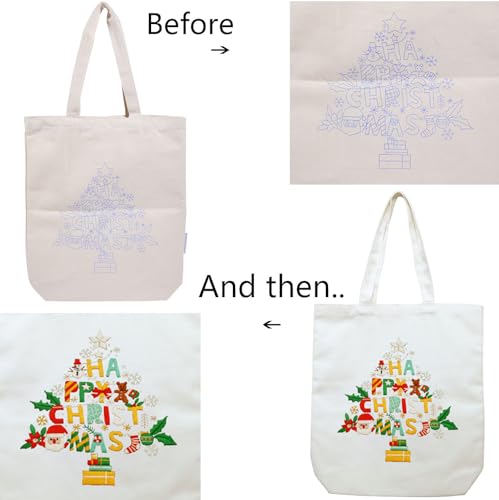 Canvas Tote Bag Embroidery Kit with Pattern for Beginners, Arts and DIY Embroidery Crafts Kits for Adults, Instructions, Thimble, Embroidery Hoops, Color Threads (Beige, CR002 Christmas Tree) - color: CR002 Christmas tree