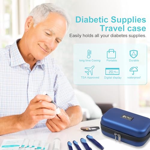 Gosemai Insulin Cooler Travel Case TSA Approved 2*180g IcePack Temp Display - color: Blue