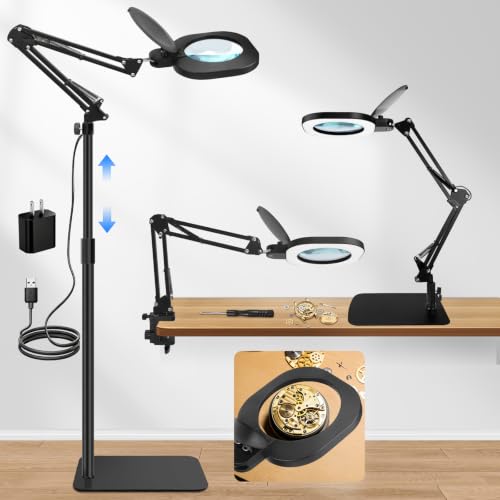 15X Real Glass Magnifying Lamp, 3-in-1 LED Desk Lamp with Base Clamp & Floor Stand, 5 Color Modes Stepless Dimmable, Adjustable Swing Arm, for Repair, Reading,Crafts,Painting - size: 3 in 1 Lighted Magnifiers(Round)