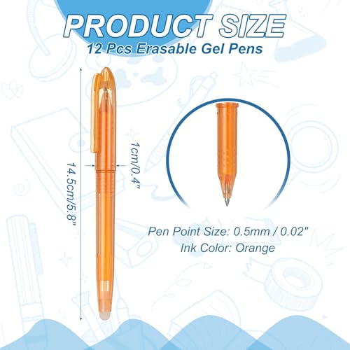 PATIKIL 12Pcs Erasable Gel Pens, 0.5mm Fine Point Heat Erasable Marking Pen with Cap Smooth Writing Fabric Markers for Sewing Drawing Writing Planner, Orange Ink - color: Orange