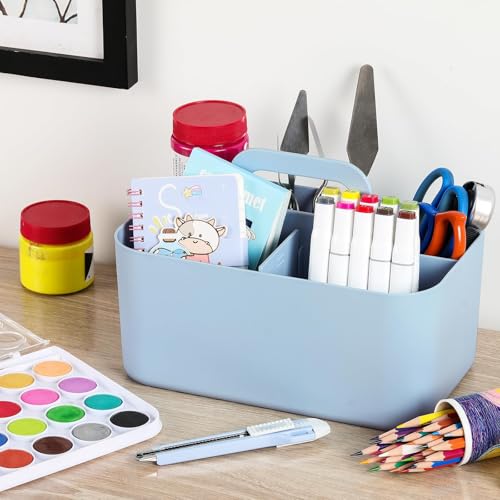 Multiuse Caddy Organizer with Handle, Portable Divided Plastic Tote Bin - Art Craft, Stationary Pen Marker Crayons, Makeup Hair Supplies Storage - Bathroom, Classroom, Dorm, Office, Desk Holder - Blue - color: Blue