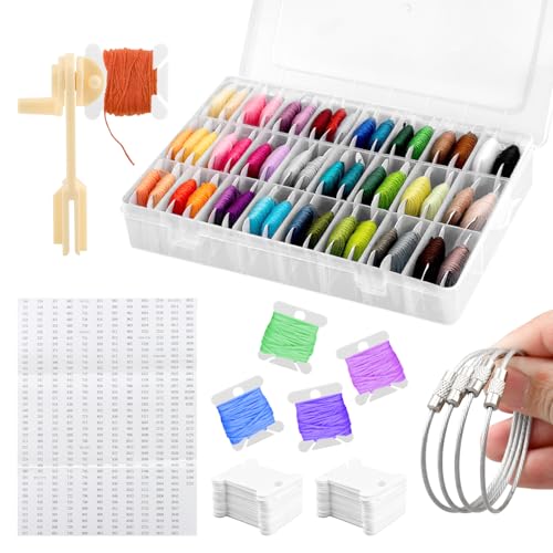 Embroidery Floss Organizer,Cross Stitch Thread Storage Box Tool,w/Bobbins Winder,1 Removable 24 Grids Clear Bead Organizer Case,100 Floss Bobbins,1 Numbered Sticker,for Craft DIY