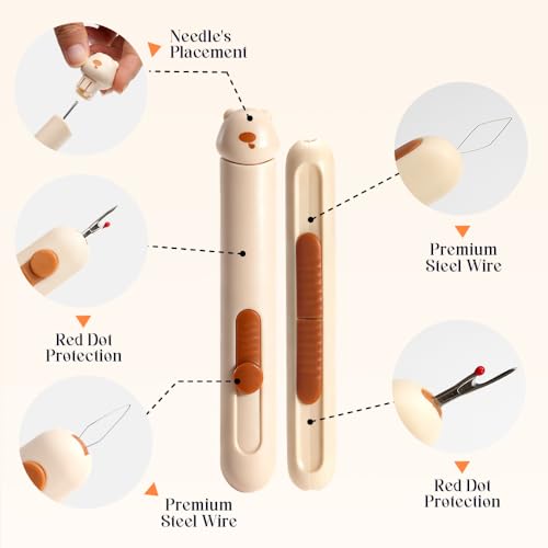 Runsgo The Set Includes 1* 3 In 1 Automatic Needle Threaders Seam Ripper With Needle Storage And 2 Needles,1* 2 In 1 Needle Threaders Seam Ripper,18*Needles (67Mm*3, 60Mm*3, 50Mm*3, 46Mm*9) (Yellow)