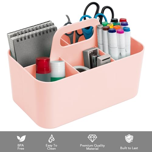 Tiawudi Multipurpose Caddy Organizer, Plastic Caddy with Handle, Stackable Desk Organizer for Stationery, Marker and Pencil, Office Supplies Organizer, Dorm Caddy - color: Pink, size: Rectangle