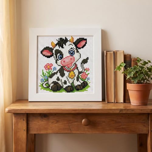 WUSARPLY Cow Stamped Cross Stitch Kits for Beginners Adults with Framed - color: DKJ032