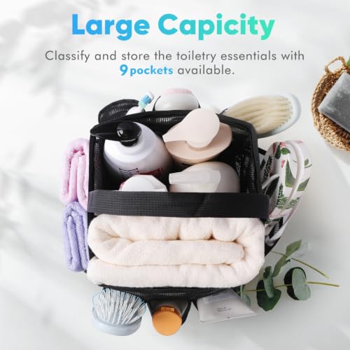 EUDELE Mesh Shower Caddy Portable for College Dorm Room Essentials, Shower Caddy Dorm with 9-Pocket Large Capacity for Beach, Swimming, Gym, Camping, Travel essentials - color: All Black