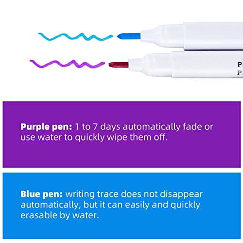 12 Pcs Disappearing Ink Pen Water Soluble Pens Fabric Markers Pens for Sewing Art DIY Tracing Embroidery Supplies (Blue, Purple)