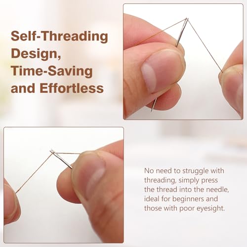 6PCS Gold Self-Threading Sewing Needles Set with Storage Small Packaging, Easy Thread Double-Eye Stainless Steel Hand Sewing & Embroidery Needles ﻿