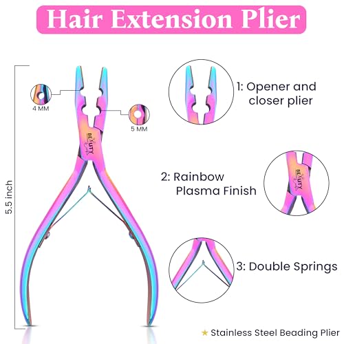 Beauty & Crafts Micro Links Hair Extensions Kit- Stainless Steel Beads Closer and Remover plier, Hair Extensions Loop Needle Pulling Hook, Bead Tool for Hair or Feather Extensions with Leather Pouch - color: Rainbow