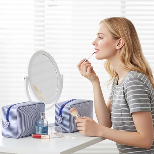 Sanwuta 3 Pcs Seersucker Makeup Bags, Navy Blue - color: Navy Blue