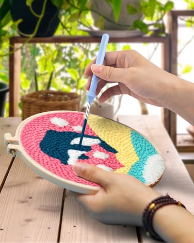 TINDTOP Punch Needle Kits, 3 Pack Punch Needle Embroidery Kits for Adults Beginner, Tool with Punch Needle Fabric, Hoops, Yarns and Sewing Needles (Dolphin) - color: Dolphin