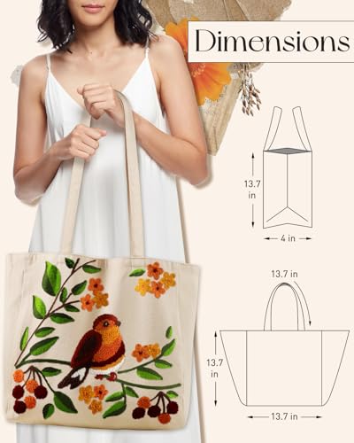 Miss Adola Lightweight Embroidery Canvas Tote Bag - color: Tree Bird