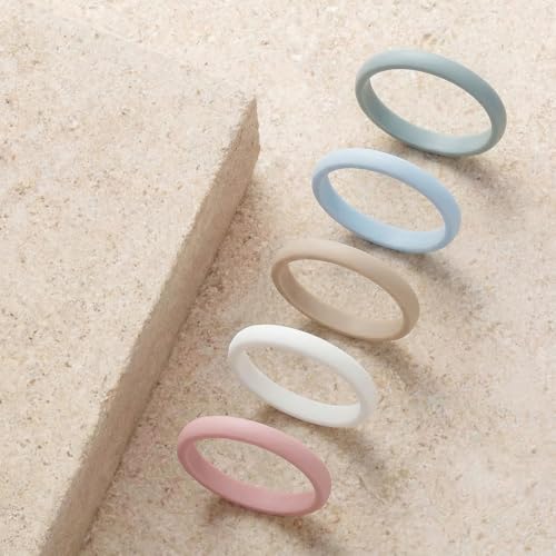 Egnaro Women's Silicone Wedding Ring 2.5mm Wide 1.8mm Thick Rubber Band Set - color: A4-Light Green, Arctic Ice, Beige, Pink Sand, White