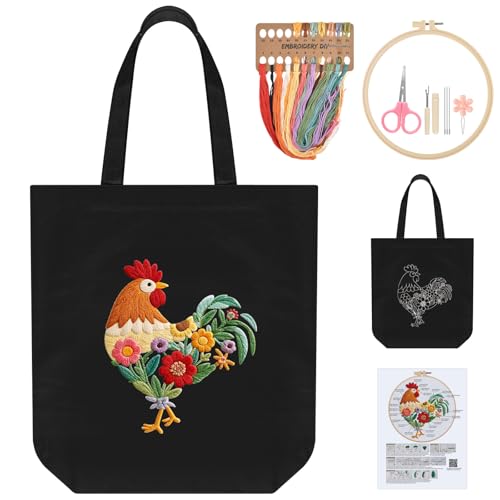 ERKOON Canvas Tote Bag Embroidery Kit for Beginners, Needlepoint Arts Crafts Cross Stitch Kits for Adults Including Stamped Embroidery Bag with Hoops, Needle, Instruction and Color Threads (Rooster) - color: Rooster