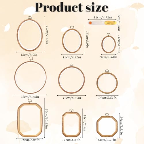 Oqqlin 9 Pcs Embroidery Hoop Frame, 4 Shapes Large Imitated Wood Cross Stitch Hoop Ring with Scissors Display Decorative Embroidery Hoops for DIY Arts, Crafts, Sewing, Hanging Ornaments Decor