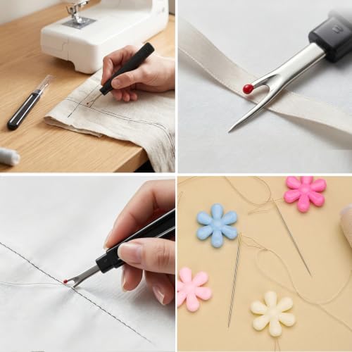 8 PCS Sewing Thread Ripper Kit, Includes 2 Large and 2 Small Seam Rippers, 2 Needle Threaders, 1 Pair of Scissors, 1 Thimble