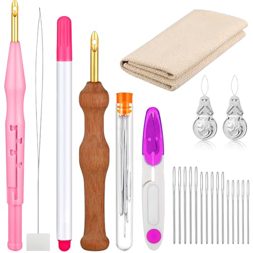 WILLBOND 17 Pcs Punch Needle Kit Adjustable Embroidery Set,Pink, Purple - color: Pink, Purple