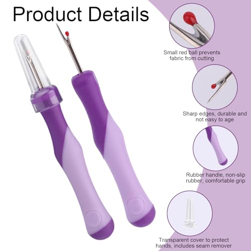 3pcs Seam Ripper, Stitch Remover Tool with Safety Caps and Small Red Ball for Hand Sewing Knitting Cross Stitch Embroidery Thread Removal(Purple) - style: 3 purple