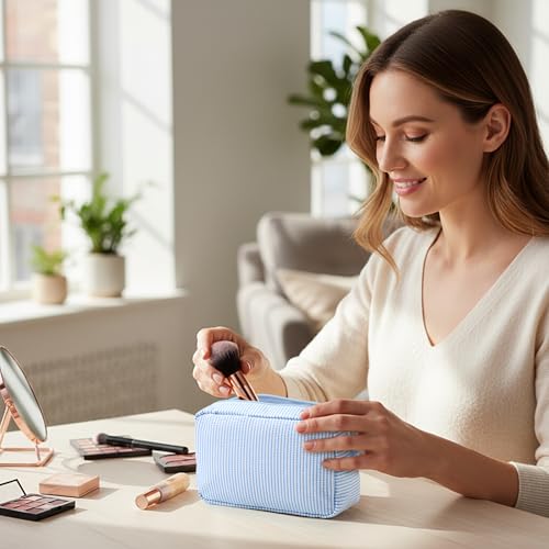 Sanwuta 10 Pcs Seersucker Cosmetic Bag Seersucker Makeup Bag Women Stripe Large Travel Toiletry Organizer Preppy Storage Pouch for Embroidery Wedding Bridesmaid Bride Mom (Light Blue) - color: Light Blue