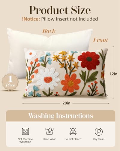 Embroidered Lumbar Pillow Cover 20x12 Inch, Flower Cluster - color: Flower Cluster, size: 20" x 12" (Pack of 1)