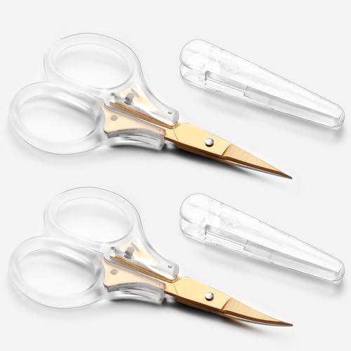 Small Scissors, 3" Travel Size with Safety Cover, Curved & Straight Fine Tip Blade for Crochet, Yarn, Thread, Paper, Fabric Detail Cutting, Mini Shears for Sewing & Embroidery, 2-Pack - style: Straight Tip+Curved Tip