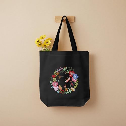 ERKOON Canvas Tote Bag Embroidery Kit for Beginners, Floral Arts Crafts Cross Stitch Kits for Adults Including Stamped Embroidery Bag with Hoops, Needle, Instruction and Color Threads(Wreath) - color: Wreath