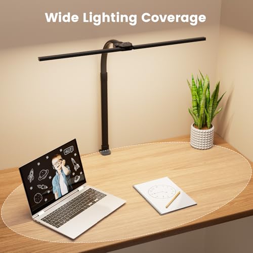 LED Desk Lamp for Home Office, 24W Computer Desk Light with Remote Control, Bright Table Lamp with Clamp Dimmable Tall Desktop Lighting with Bendable Gooseneck, Double Head, Black - color: Black with Clamp