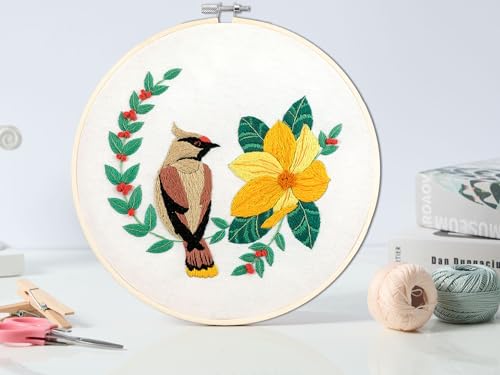 Bonroy 4 Sets Embroidery Set for Beginners, Art Craft, Easy Sewing, Includes Embroidery Clothing, Pattern, Embroidery Hoop, Instruction Manual, Colorful Thread Needles Set (6 Pieces) - color: Bird