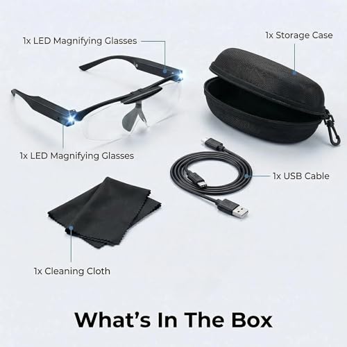 160% Hands-Free Magnifying Glass with Light - Rechargeable LED Illuminated Head Magnifier, Flip-Up Design | Perfect for Reading, Repair, Crafts & Close Work (Black)
