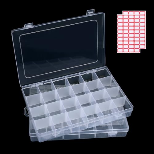 2pack 24-Grid Clear Plastic Bead Organizer Box with Adjustable Dividers