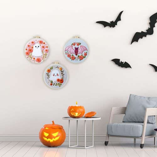 LB Pink Halloween Embroidery Kit for Beginners Adults, 3 Sets Hand Embroidery Starter Kit with Ghost Pattern and Instructions Stamped Cross Stitch Kits Include Embroidery Hoop Needles Threads Scissors - color: Pink White
