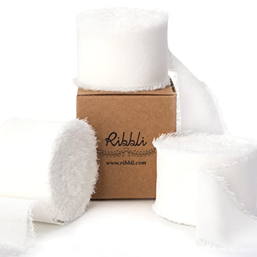 Ribbli White Chiffon Ribbon - 1.5 inch x 30 Yard Handmade Silk, Fringe Chiffon for Wedding Invitations, Gift Wrapping, Bridal Bouquets, Flower Arrangement - color: White