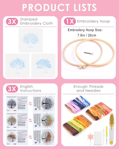 TINDTOP Embroidery Kit for Adult, 3 Pack Embroidery DIY Starter Kit - color: Color Tree