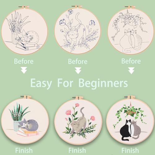 Ohcol 3 Sets Cat Embroidery Kit,Needlepoint Kits for Adults Beginner,Needle Point Sets with Washable Pre-Printed Pattern,1 Hoop,Women Hand Crafts - color: Q-Cat (3 Patterns, 1 Hoop + Extas)
