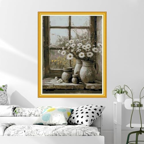 MYBISYMQQ Windowsill Daisies Cross Stitch Kits for Adults Beginners - 11CT Stamped Vintage Floral Vase Embroidery Kit, DIY Pre-Printed Needlepoint Patterns for Home Wall Art Decor, 15.7x11.8 Inches - color: T029